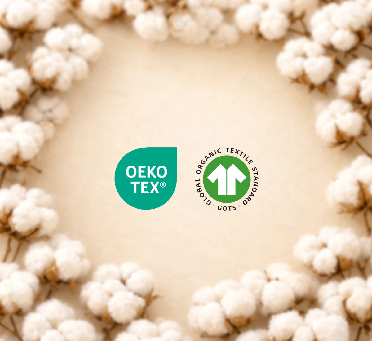 Two certification logos, OEKO-TEX and GOTS, displayed on a beige textured background surrounded by a border of white cotton bolls.