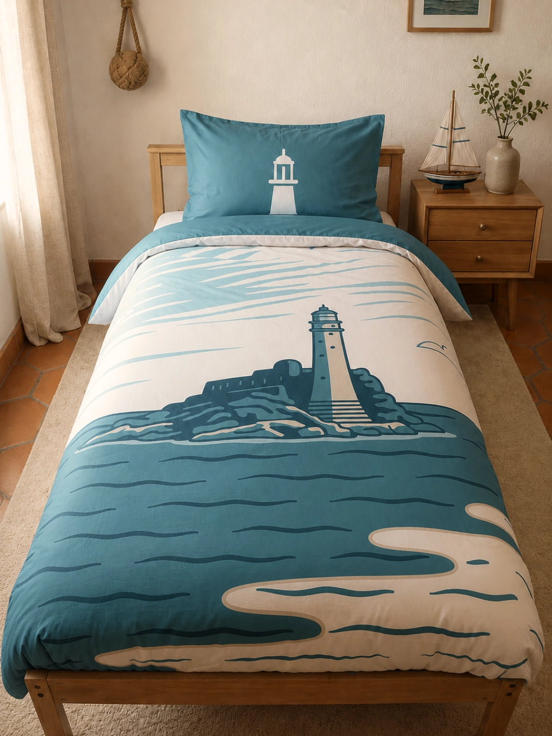A single bed dressed in a nautical-themed bedding set featuring the Fastnet Rock in teal blue and cream, styled in a warm, rustic bedroom with a wooden nightstand and sailboat decor.