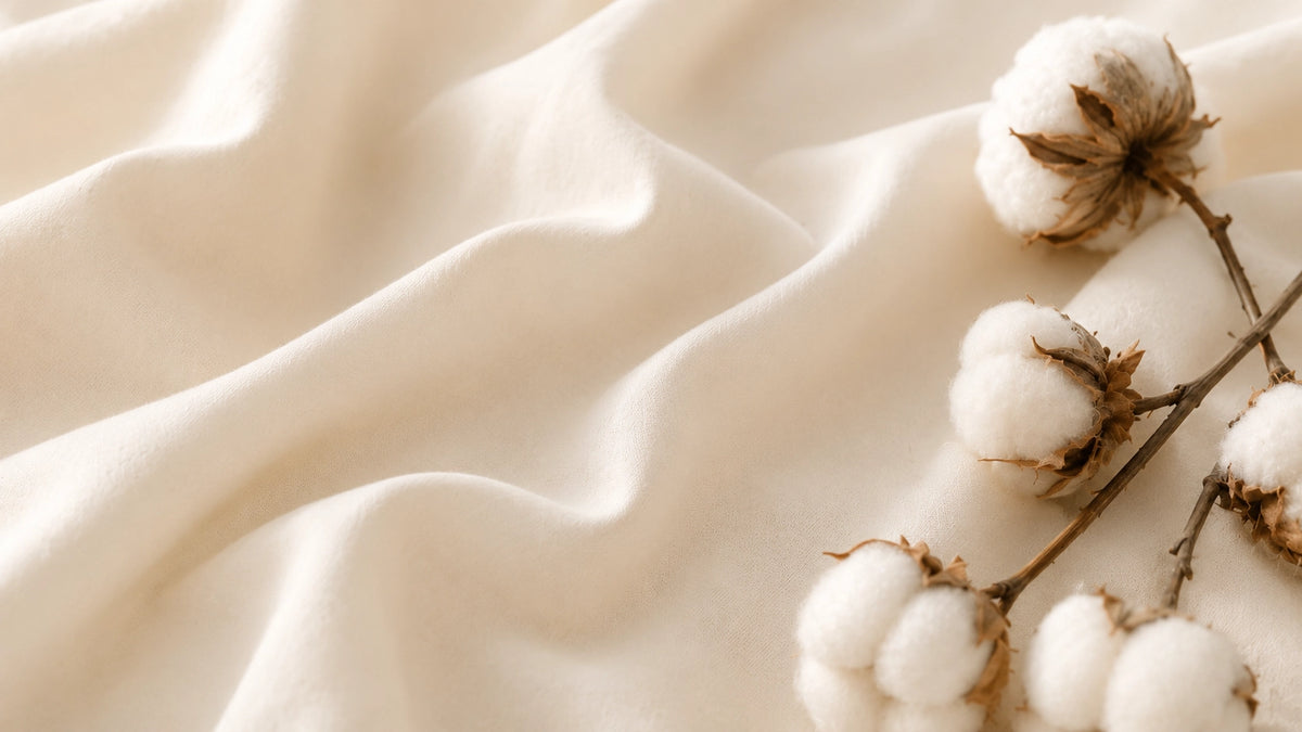 Soft draped organic cotton fabric from a duvet cover with cotton bolls and stems placed along the right side, creating a clean, natural textile presentation.
