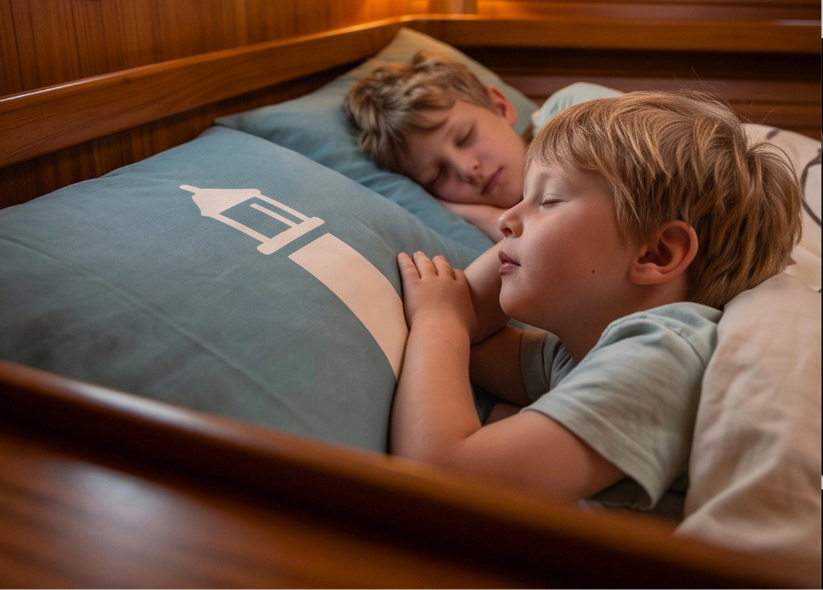Two siblings sleeping soundly in bed on a sailboat with soft organic cotton duvet cover sets.