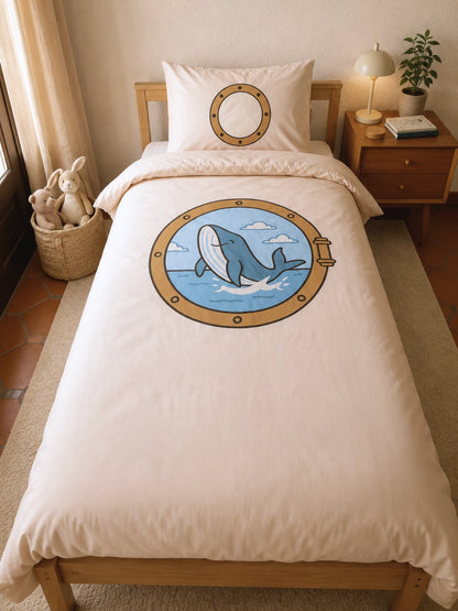A single bed dressed in a cream-colored organic cotton duvet cover and pillowcase, featuring a porthole-style graphic on the duvet with a blue whale, clouds, and a lighthouse, plus a matching circular graphic on the pillow. The bed is shown in a styled bedroom with a wooden headboard, bedside table, lamp, and bunny basket.