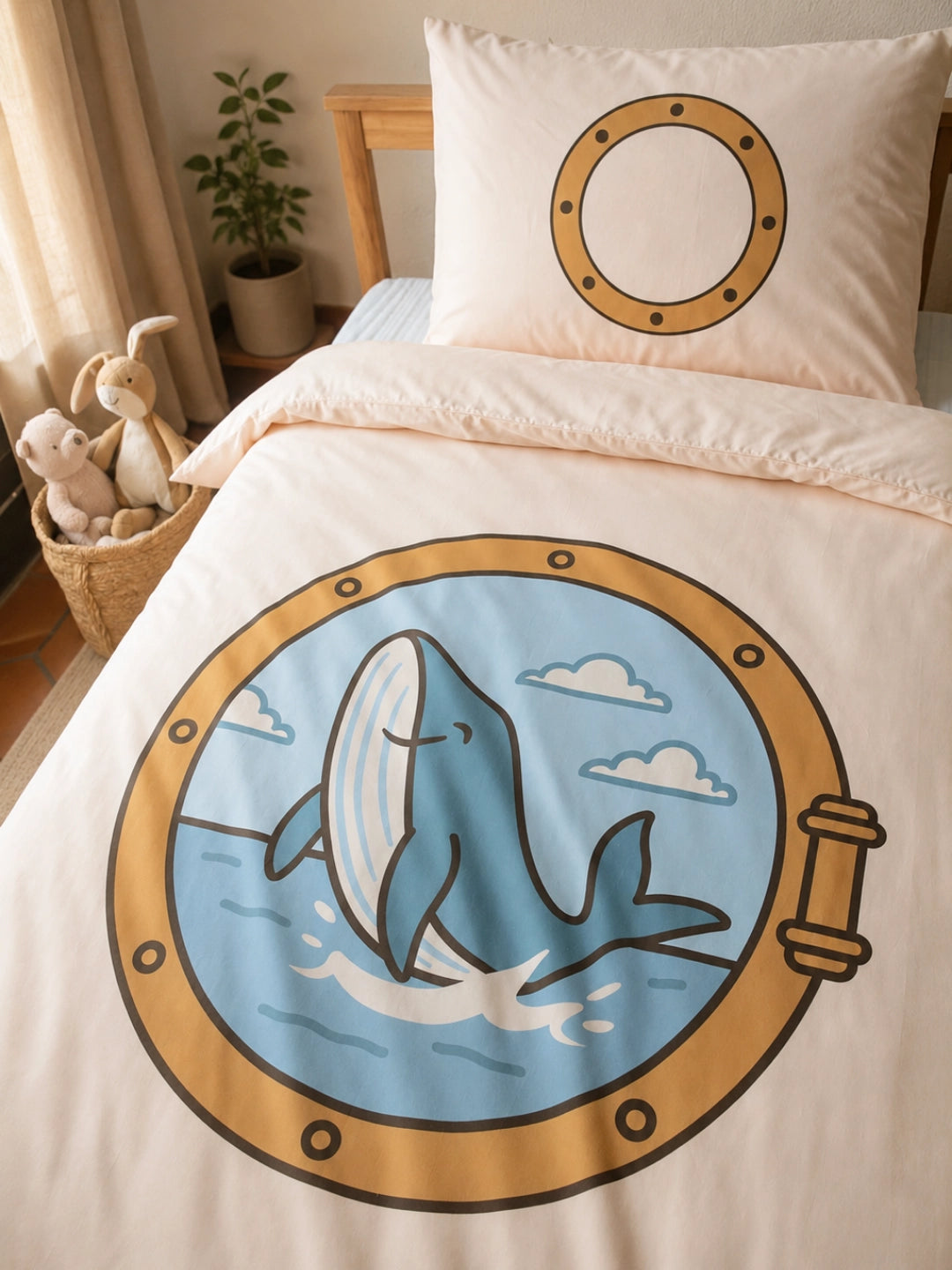 A single bed with a cream bedding set featuring a large porthole illustration with a blue whale jumping from the water, shown in a softly styled bedroom with a matching pillow.
