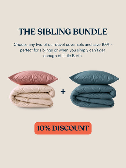 Promotional graphic for a bedding bundle from organic cotton for kids showing two duvet cover sets: one in dusty pink and one in ocean blue. Text reads 'THE SIBLING BUNDLE' and '10% DISCOUNT' on a light beige background.